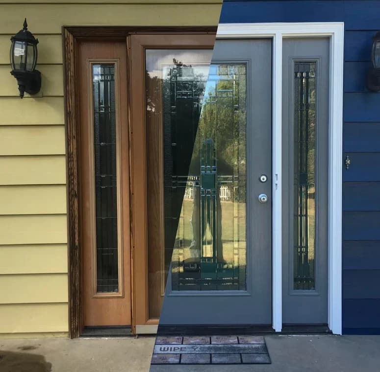 This is an image from Brushmen and Standby Bros company, located in Lansing, MI The image is a split-view of a front door makeover, before image shows weathered wood door on yellow siding; after image features modern gray door with white trim on navy blue siding, completed by Brushmen and Standby Bros.