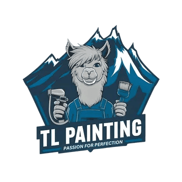 This is an image from TL Painting, located in Illinois. The logo for TL Painting features an illustrated llama holding paint tools in front of blue mountain graphics with bold white company lettering.