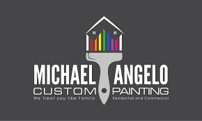 This is an image from Michael Angelo Custom Painting Inc, located in California. The logo for Michael Angelo Custom Painting Inc. features a paintbrush forming a house shape with multicolored paint bars and bold white lettering on a dark background, representing residential and commercial painting services.