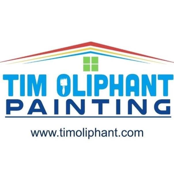This is an image from Tim Oliphant Painting company, located in Grand Rapids, MI The image is a Tim Oliphant Painting company logo featuring a house roof outline with rainbow trim, paintbrush icon, and website URL timoliphant.com 