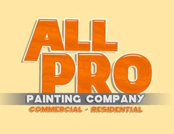 This is an image from All Pro Painting Company, located in Indiana. The image shows the All Pro Painting Company logo featuring bold orange lettering with “Commercial” and “Residential” service branding, representing professional residential and commercial painting services.