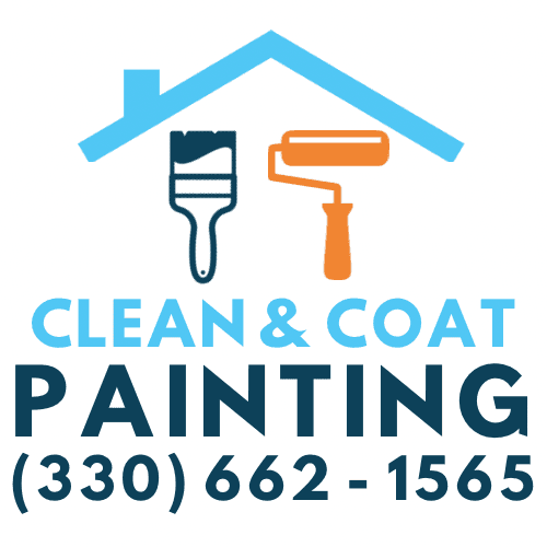 This is an image from Clean & Coat Painting, located in Ohio. The logo for Clean & Coat Painting features a stylized house roof above a paintbrush and paint roller icon, along with the company name and phone number in bold blue and orange lettering.