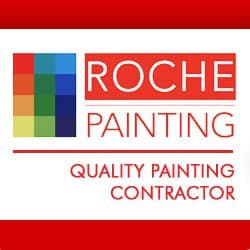 This is an image from Roche Painting company, located in Allentown, PA. The image is a Roche Painting company logo with colorful paint swatches and slogan "Quality Painting Contractor"