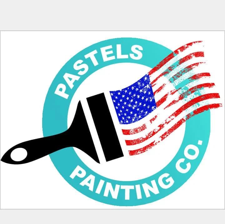 This is an image from Pastels Painting CO company, located in Warren, MI The image is a Pastels Painting Co. logo featuring a paintbrush with American flag colors and a teal circular border.