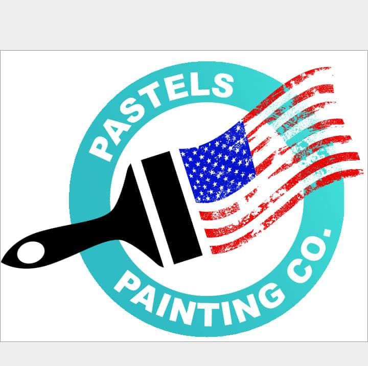 This is an image from Pastels Painting CO company, located in Warren, MI The image is a Pastels Painting Co. logo featuring a paintbrush with American flag colors and a teal circular border.