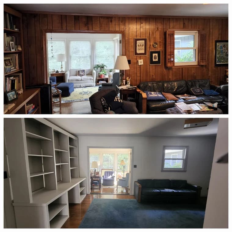 Interior painting project by PaintAsheville.com LLC in Asheville, NC. The image shows wood-paneled walls, built-in shelves, and bright windows.