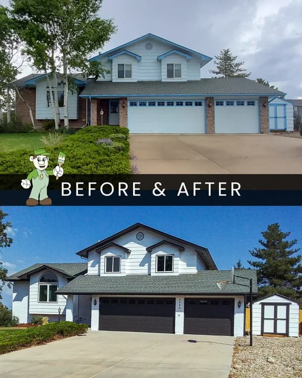 This is an image from Paint Pals company, located in Timnath, CO The image is a before and after exterior house painting by Paint Pals, showing transformation from faded blue siding with light trim to modern white siding with dark trim and garage doors.