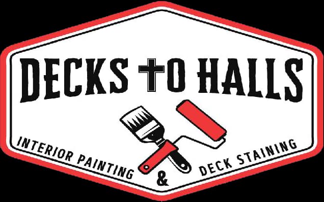 This is an image from Decks to Halls, located in Iowa. The logo for Decks to Halls features a red and black badge-style design with paint tools and text highlighting interior painting and deck staining services.