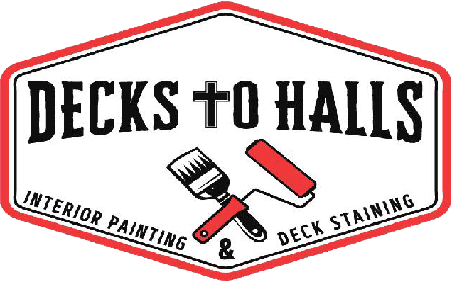 This is an image from Decks to Halls, located in Iowa. The logo for Decks to Halls features a red and black badge-style design with paint tools and text highlighting interior painting and deck staining services.
