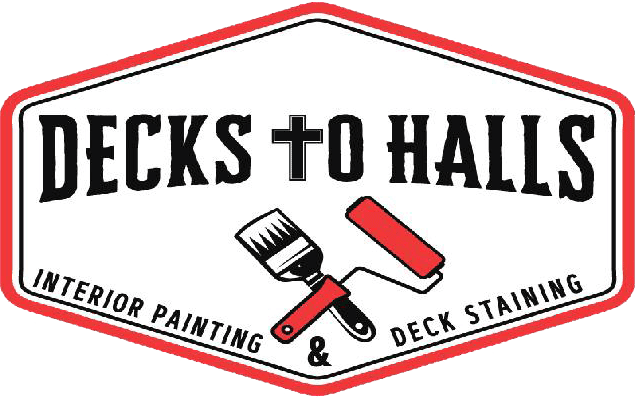 This is an image from Decks to Halls, located in Iowa. The logo for Decks to Halls features a red and black badge-style design with paint tools and text highlighting interior painting and deck staining services.