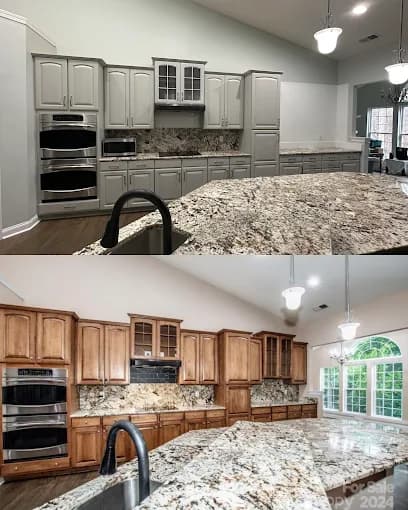 Cabinet painting project by Richard's Painting of Mooresville in Mooresville, NC. The image shows before and after kitchen cabinet photos.
