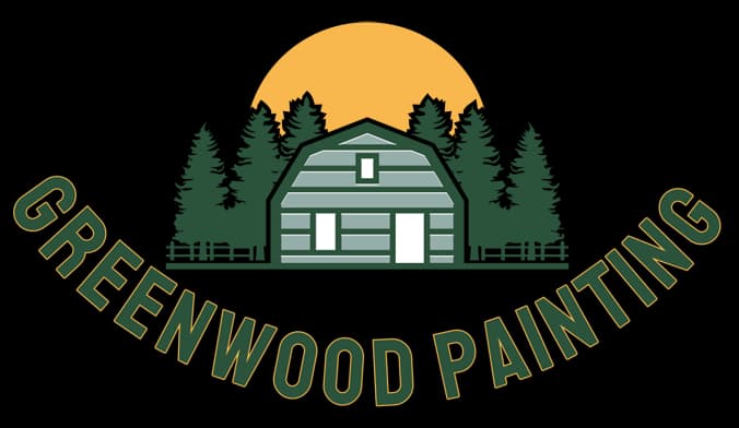 This is an image from Greenwood Painting company, located in Colorado Springs, CO The image is a Greenwood Painting logo showing a cabin-style house with pine trees and a sunrise in the background