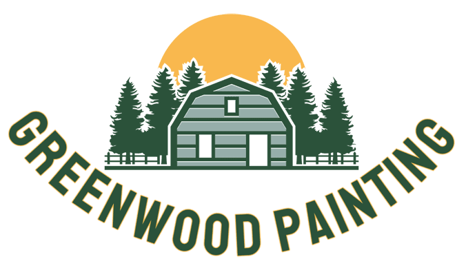 This is an image from Greenwood Painting company, located in Colorado Springs, CO The image is a Greenwood Painting logo showing a cabin-style house with pine trees and a sunrise in the background