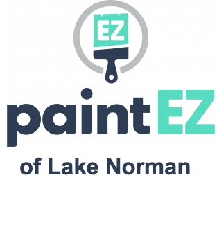 This is an image from Paint EZ of Lake Norman, located in North Carolina. The logo for Paint EZ features a teal and navy blue design with a paintbrush inside a circular frame and the letters ‘EZ’ above the company name in bold modern text.