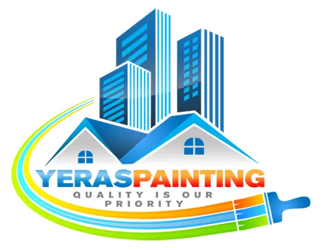 This is an image from Yeras Painting, located in Louisiana. The logo for Yeras Painting features blue rooftops beneath tall blue skyscrapers, accented with a rainbow-colored paint swoosh and the slogan 'Quality Is Our Priority.