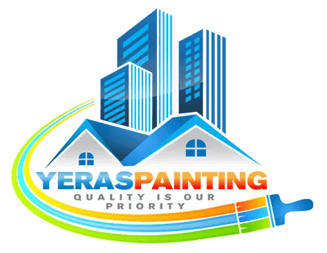 This is an image from Yeras Painting, located in Louisiana. The logo for Yeras Painting features blue rooftops beneath tall blue skyscrapers, accented with a rainbow-colored paint swoosh and the slogan 'Quality Is Our Priority.