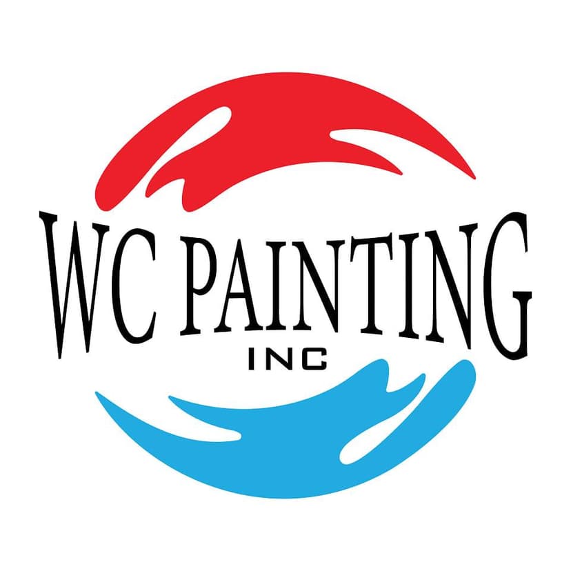 This is an image from WC Painting Inc, located in Massachusetts. The logo for WC Painting Inc features bold black text encircled by red and blue paint-like swooshes forming a circular design.