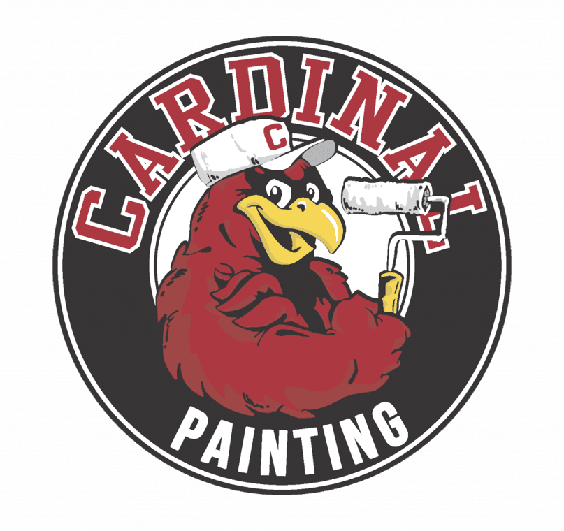 This is an image from Cardinal Painting, located in Oklahoma. The logo for Cardinal Painting features a muscular red cardinal bird wearing a white cap with a 'C,' holding a paint roller and brush inside a circular black and white background with bold red and white lettering.