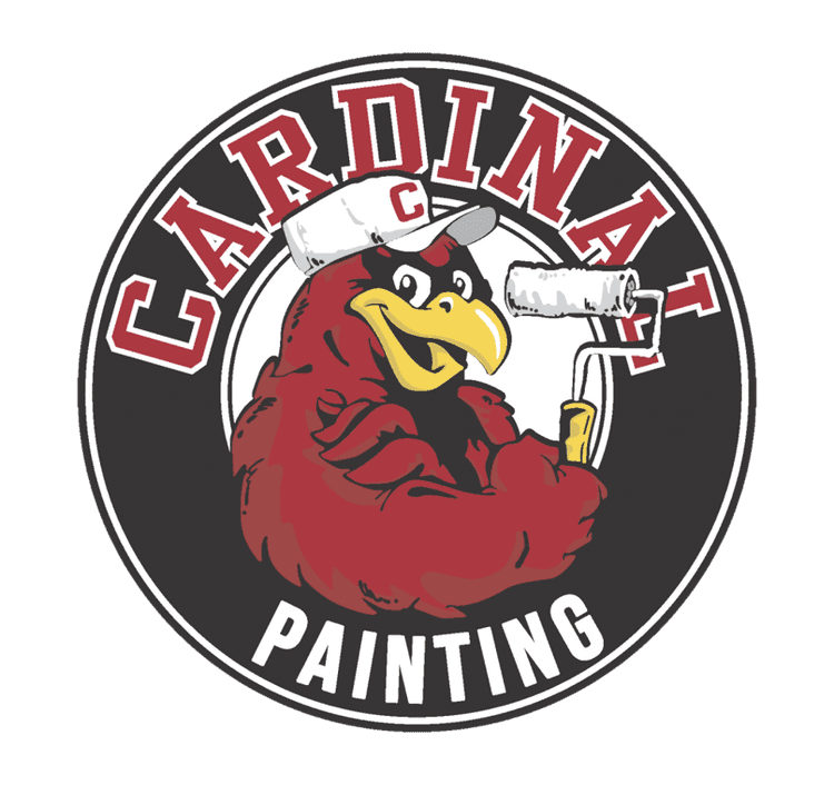 This is an image from Cardinal Painting, located in Oklahoma. The logo for Cardinal Painting features a muscular red cardinal bird wearing a white cap with a 'C,' holding a paint roller and brush inside a circular black and white background with bold red and white lettering.