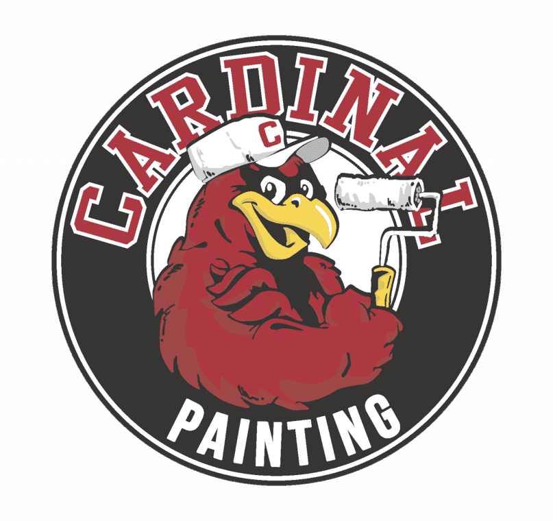 This is an image from Cardinal Painting, located in Oklahoma. The logo for Cardinal Painting features a muscular red cardinal bird wearing a white cap with a 'C,' holding a paint roller and brush inside a circular black and white background with bold red and white lettering.