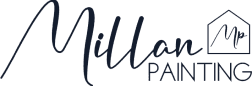 This is an image from Millan Painting, located in Texas. The logo for Millan Painting features elegant dark blue script lettering with a small house-shaped outline containing the initials 'Mp.'