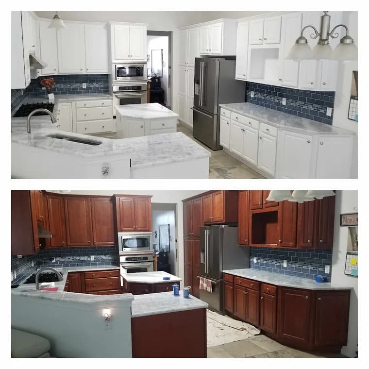 This is an image from A&L Painting, located in New York. The photo shows a kitchen cabinet refinishing project with a before-and-after comparison of white cabinets transformed into a rich stained wood finish.