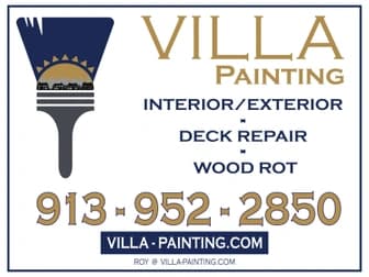 This is an image from Villa Painting LLC. The image shows the Villa Painting logo featuring a paintbrush graphic and text promoting interior and exterior painting, deck repair, and wood-rot services.