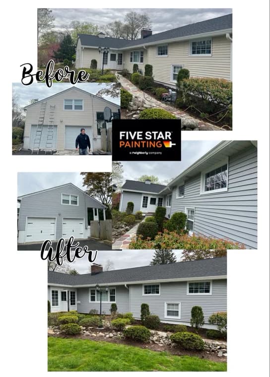 A before-and-after collage of a long ranch-style home repainted by Five Star Painting of Bergen County, refreshed from light beige siding to a crisp modern gray.