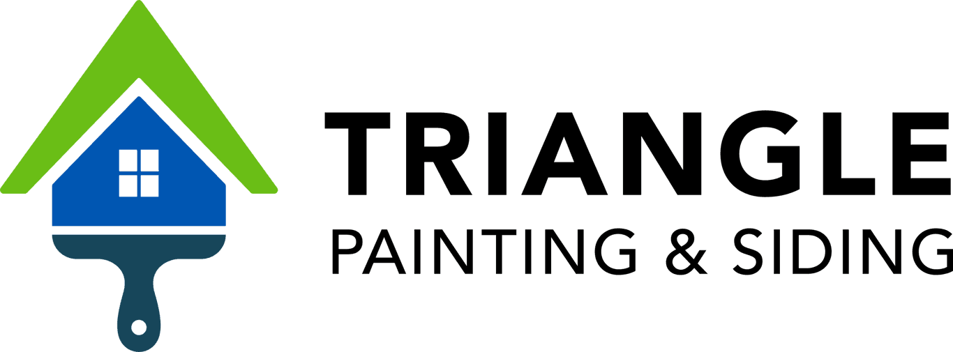This is an image from Triangle Painting & Siding, located in North Carolina. The logo for Triangle Painting & Siding features a blue house shape combined with a green roof outline resembling a paintbrush, symbolizing professional home painting services.