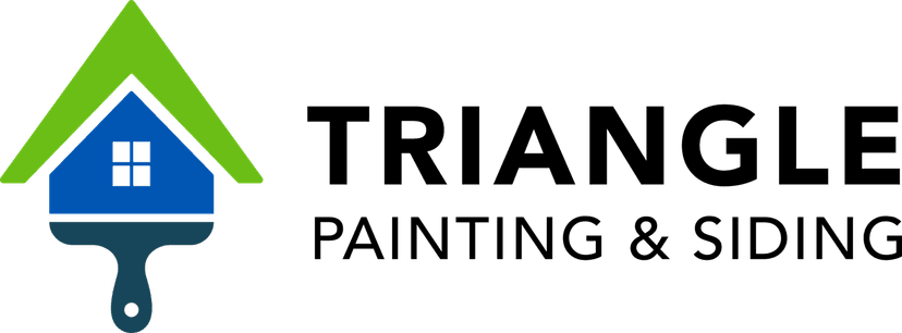 This is an image from Triangle Painting & Siding, located in North Carolina. The logo for Triangle Painting & Siding features a blue house shape combined with a green roof outline resembling a paintbrush, symbolizing professional home painting services.