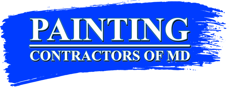 This is an image from Painting Contractors of MD, located in Maryland. The logo for Painting Contractors of MD features bold white lettering on a bright blue paint-stroke background.