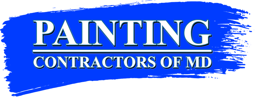 This is an image from Painting Contractors of MD, located in Maryland. The logo for Painting Contractors of MD features bold white lettering on a bright blue paint-stroke background.