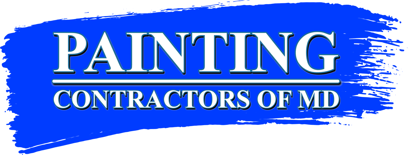 This is an image from Painting Contractors of MD, located in Maryland. The logo for Painting Contractors of MD features bold white lettering on a bright blue paint-stroke background.
