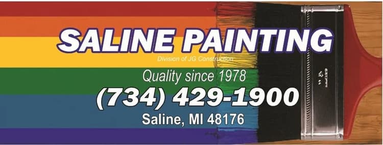 This is an image from Saline Painting company, located in Saline, MI The image is a Saline Painting company logo featuring a paintbrush with rainbow colors, slogan 'Quality since 1978,' phone number (734) 429-1900, and location in Saline, MI.