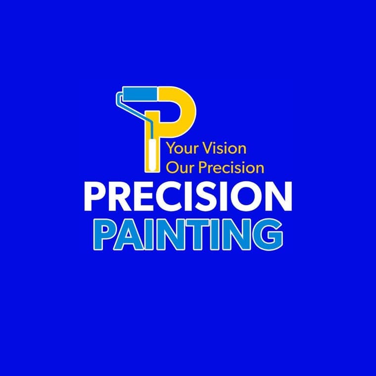 This is an image from Precision Painting NY, located in New York. The logo for Precision Painting NY features a stylized letter P designed as a paint roller with blue and yellow accents and the tagline “Your Vision Our Precision.”