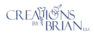 This is an image from Creations by Brian LLC company, located in Muskegon, MI The image is a Creations by Brian LLC logo featuring elegant blue text with decorative paintbrush swirl design