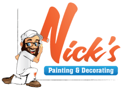 This is an image from Nick's Painting & Decorating, located in Illinois. The logo for Nick's Painting & Decorating features orange script text with a cartoon painter holding a brush and blue company text underneath.