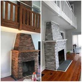 Before and after view of a fireplace transformation by Array of Color Painting LLC, changing from natural red brick to a modern gray painted finish.