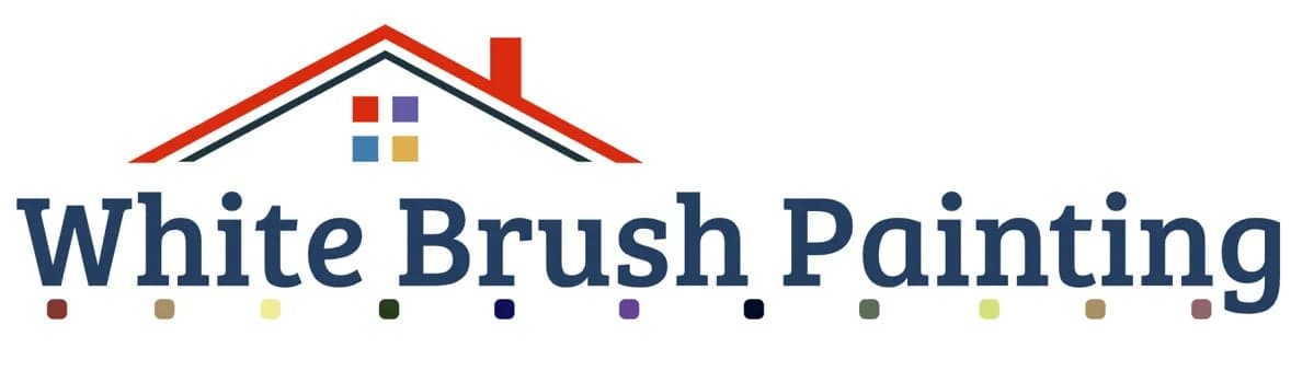 This is an image from White Brush Painting, located in Washington. The logo for White Brush Painting features large navy text with a red roofline graphic, a chimney, small colored window squares, and paint color dots beneath the company name.