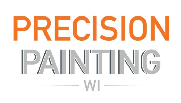 This is an image from Precision Painting WI, located in Wisconsin. The logo for Precision Painting WI features bold orange and gray text with clean modern typography and a minimalist design emphasizing precision and professionalism.