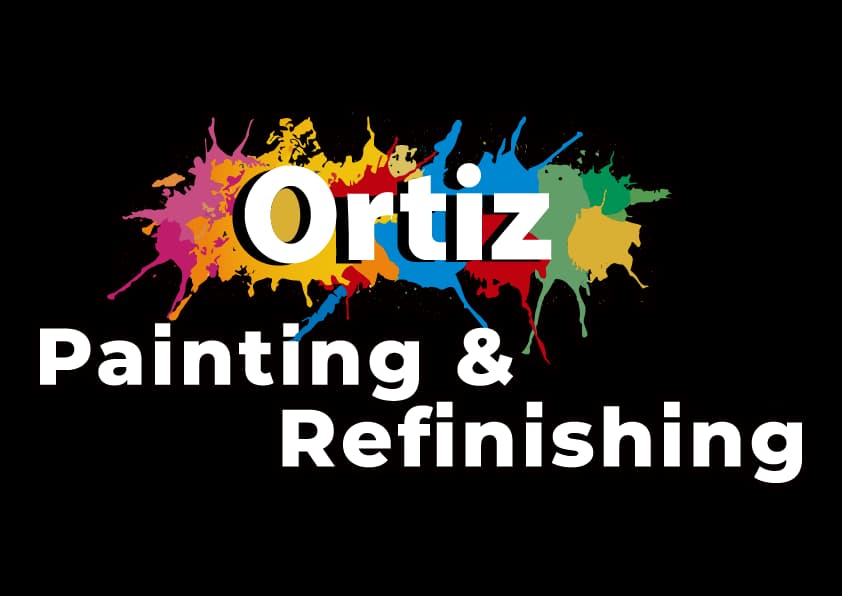 This is an image from Ortiz Painting & Refinishing, located in California. The image shows the company logo featuring colorful paint splashes behind bold lettering, representing professional residential and commercial painting, cabinet refinishing, and specialty finish services.