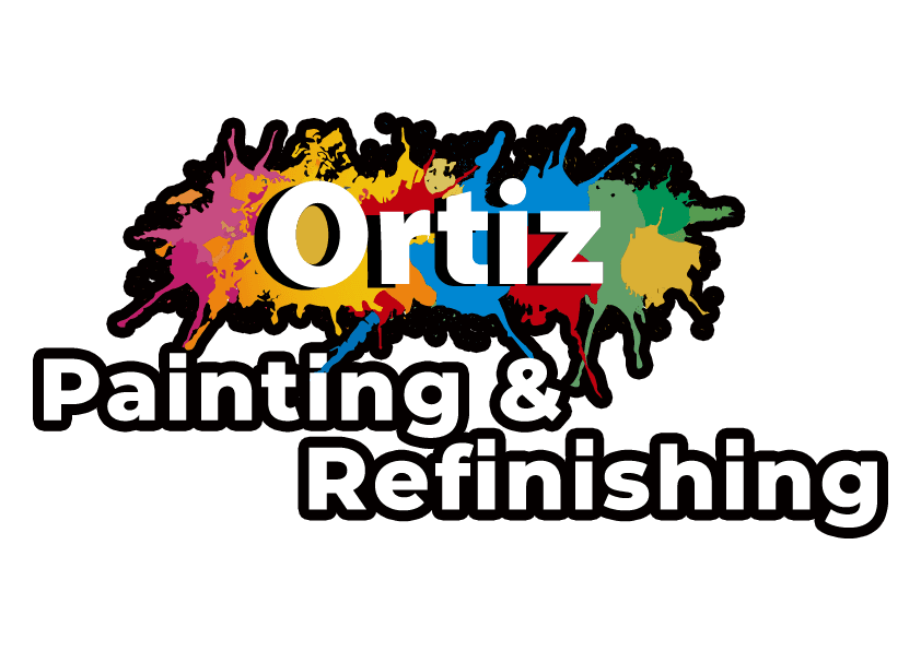 This is an image from Ortiz Painting & Refinishing, located in California. The image shows the company logo featuring colorful paint splashes behind bold lettering, representing professional residential and commercial painting, cabinet refinishing, and specialty finish services.