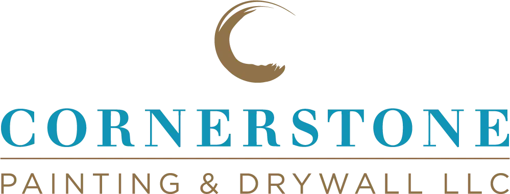 This is an image from Cornerstone Painting & Drywall LLC, located in Indiana. The logo for Cornerstone Painting & Drywall LLC features a stylized crescent emblem above bold teal lettering with gold accents, representing professional painting and drywall services.