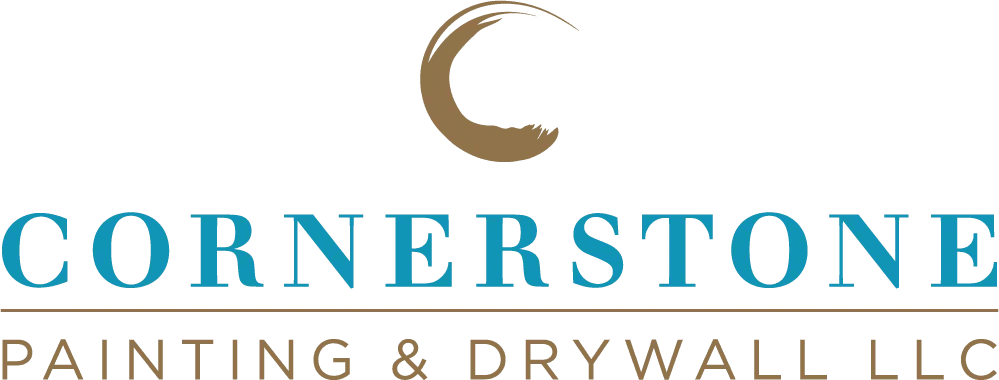 This is an image from Cornerstone Painting & Drywall LLC, located in Indiana. The logo for Cornerstone Painting & Drywall LLC features a stylized crescent emblem above bold teal lettering with gold accents, representing professional painting and drywall services.