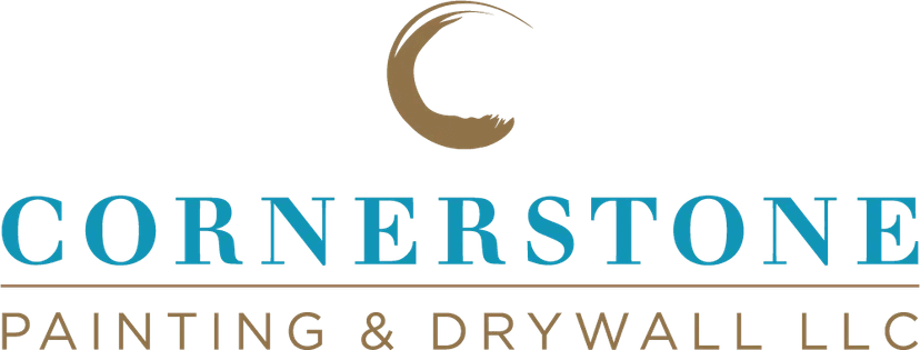 This is an image from Cornerstone Painting & Drywall LLC, located in Indiana. The logo for Cornerstone Painting & Drywall LLC features a stylized crescent emblem above bold teal lettering with gold accents, representing professional painting and drywall services.