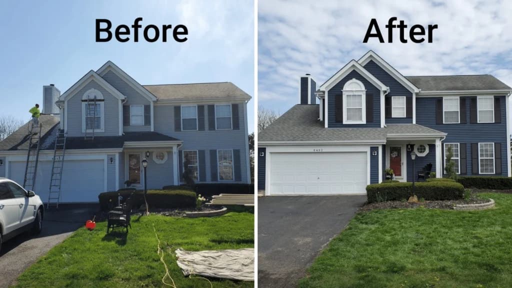 This is an image from Painting by Robertson, located in California. The image shows a before-and-after exterior house painting transformation with updated dark blue siding, white trim, and improved curb appeal.