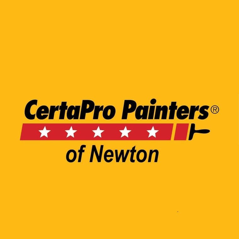 This is an image from CertaPro Painters of Newton, Massachusetts. The logo features the company name in bold black text with a red paint roller design displaying five white stars, set against a bright yellow background, representing professionalism and trusted painting services.
