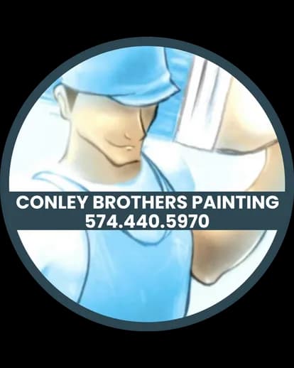 This is an image from Conley Brothers Painting, located in Indiana. The logo for Conley Brothers Painting features an illustrated painter wearing a blue cap and shirt inside a circular badge design with the company name and phone number displayed across the center.