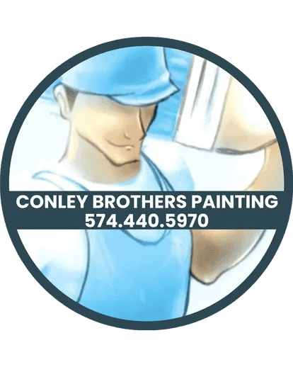 This is an image from Conley Brothers Painting, located in Indiana. The logo for Conley Brothers Painting features an illustrated painter wearing a blue cap and shirt inside a circular badge design with the company name and phone number displayed across the center.