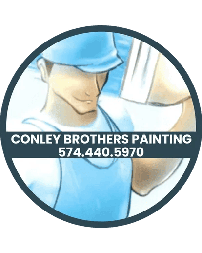 This is an image from Conley Brothers Painting, located in Indiana. The logo for Conley Brothers Painting features an illustrated painter wearing a blue cap and shirt inside a circular badge design with the company name and phone number displayed across the center.